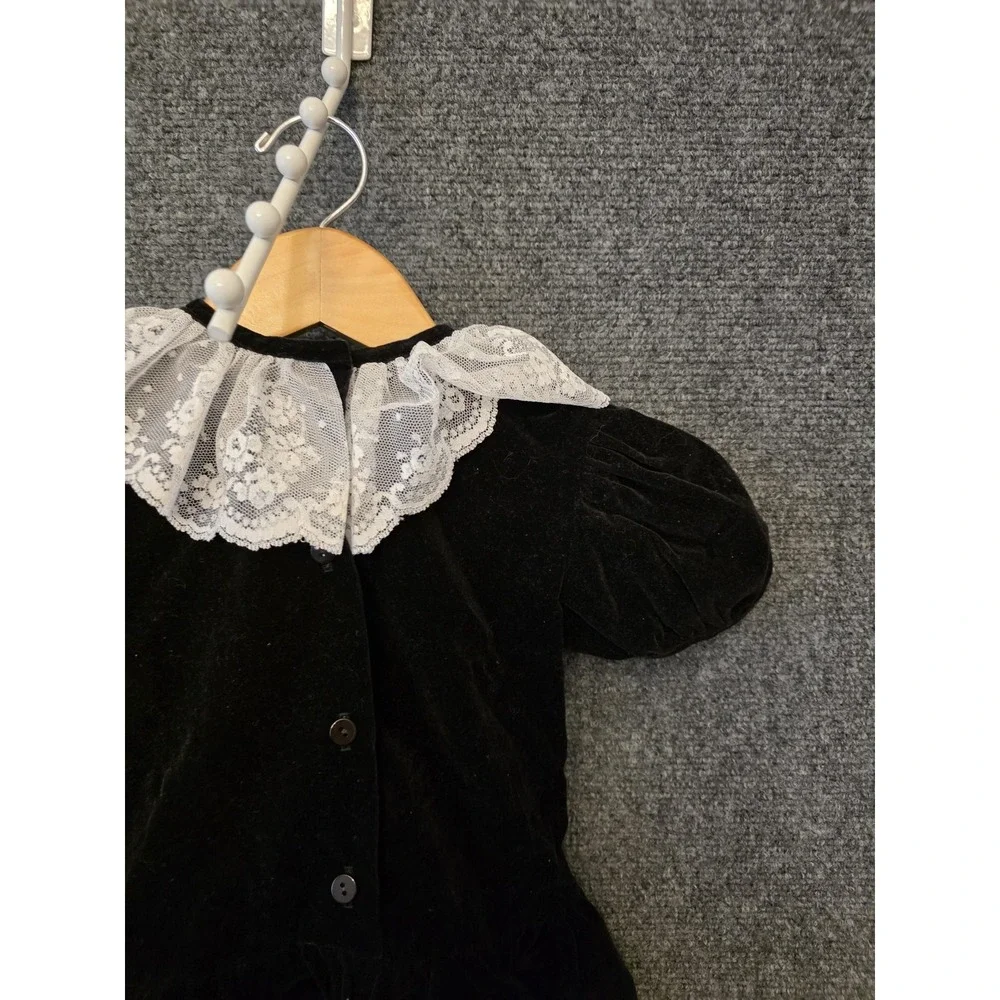 Vtg Jo Lene Dress Girls 4T Black Velvet Lace Collar Puff Sleeve‎ Party USA